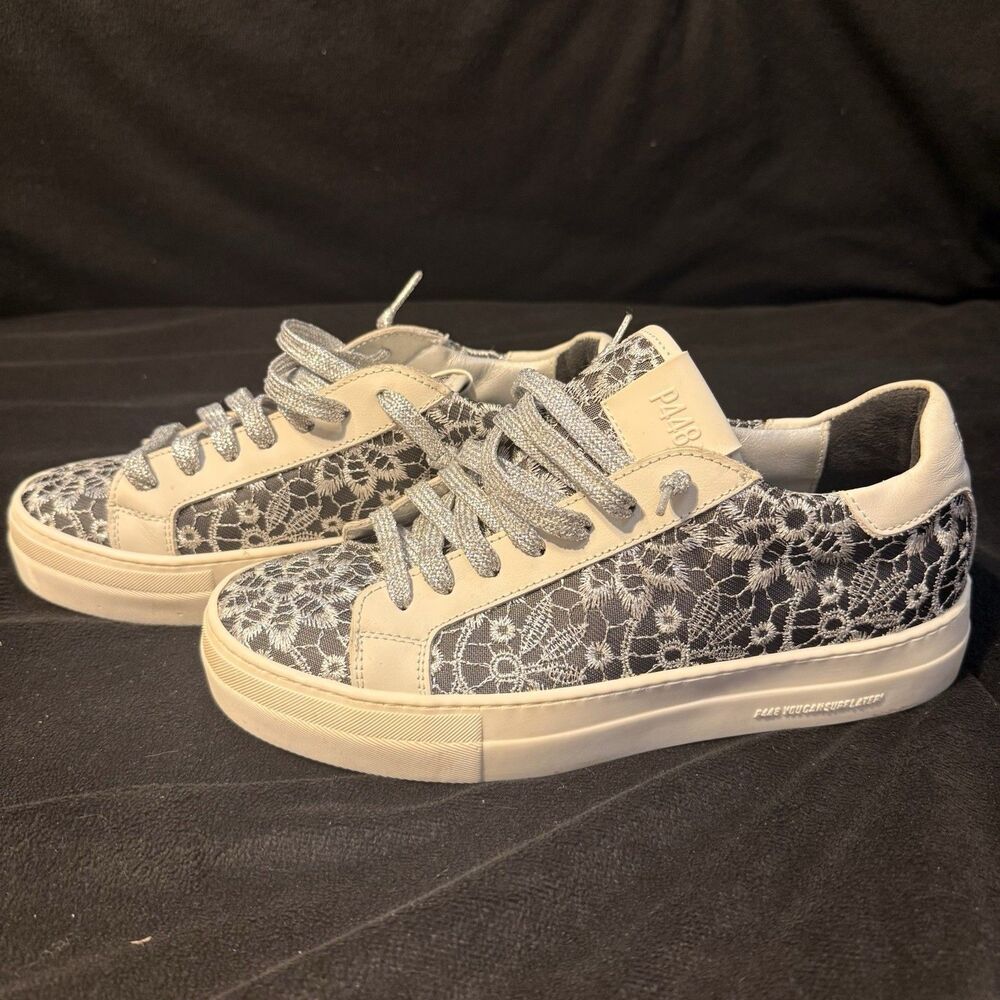P448 Women's Thea Platform Sneakers Black White Lace Pattern Size EU 40 US 9/9.5